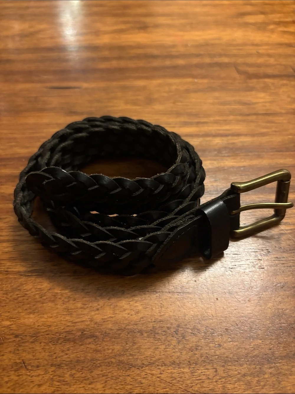 Black Braided woven 100% Leather Belt with Brass-Tone Buckle - 30-32w